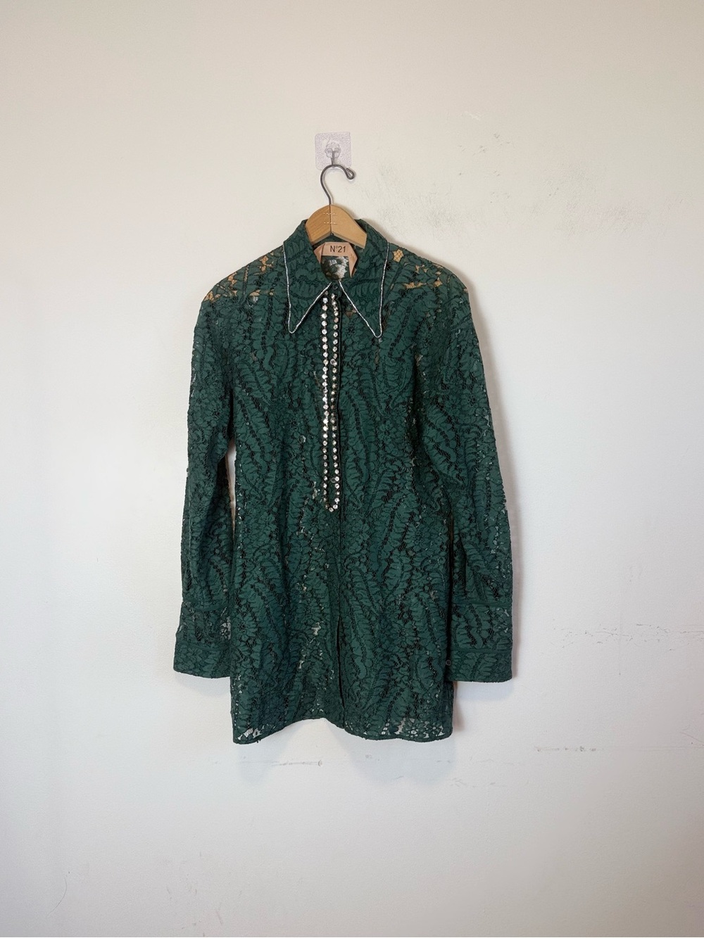 Women's Dark Green Lace Blouse - Long Sleeve